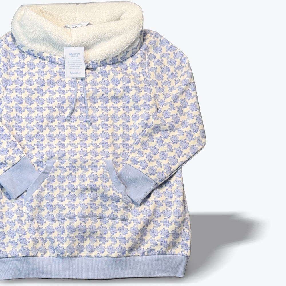 Pajamagram Womens Plus 2X Blue Houndstooth Fleece Hoodie Sherpa Funnel Neck BNWT